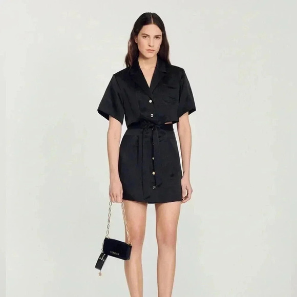 SANDRO Short Openwork Black Satin dress, Size 4, button down, collar. - Picture 2 of 8